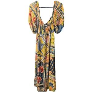 Farm Rio Scarf Print Maxi Dress Tropical Parrot Floral Puff Sleeve Cutout Multi